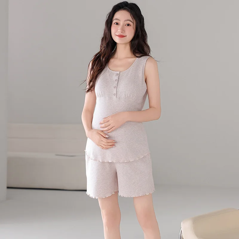 Ropa de casa para lactancia materna, pijamas para mujeres embarazadas, chaleco sin mangas fino de verano, pantalones cortos, conjunto de Modal de colores con cojín para el pecho