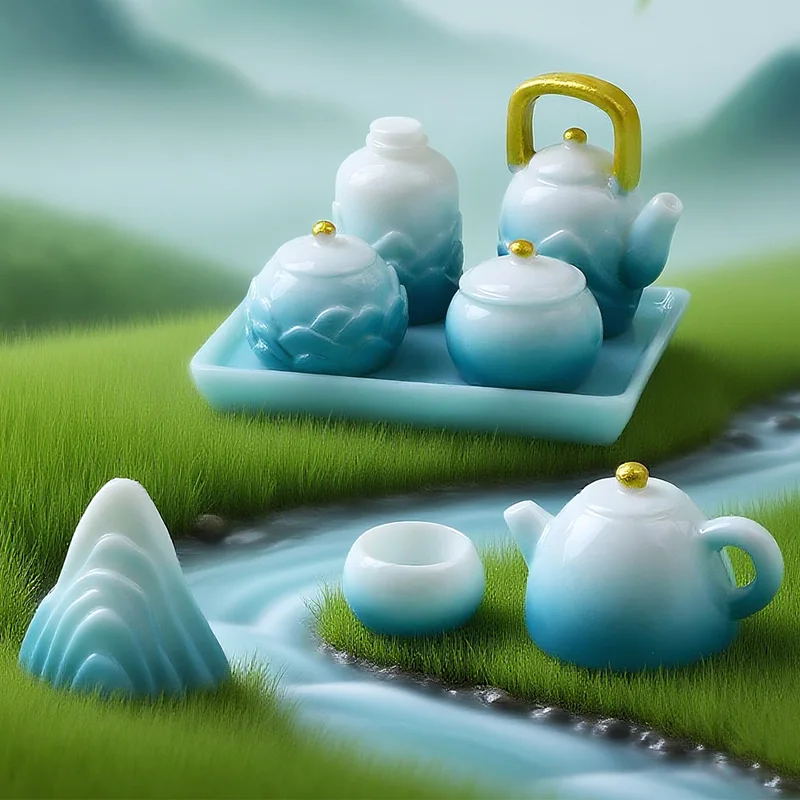 Juego de té con tinta estilo paisaje, estatuilla de piedra, decoración del hogar, casa de muñecas en miniatura, accesorios de decoración de jardín de hadas modernos, 9 Uds. - imagen 2
