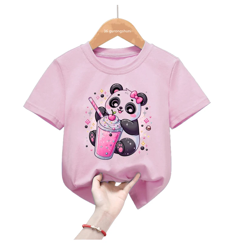Camiseta rosa de Panda arcoíris para niñas, ropa Kawaii Harajuku para niños, Tops de moda de verano, camiseta divertida - imagen 4