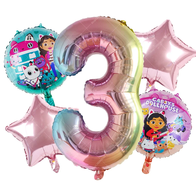 Juego de globos de aluminio para casas de muñecas Gabby, suministros para fiesta de cumpleaños para niña, globos bonitos de dibujos animados, accesorios de decoración navideña para el hogar, regalos, 5 uds. - imagen 4