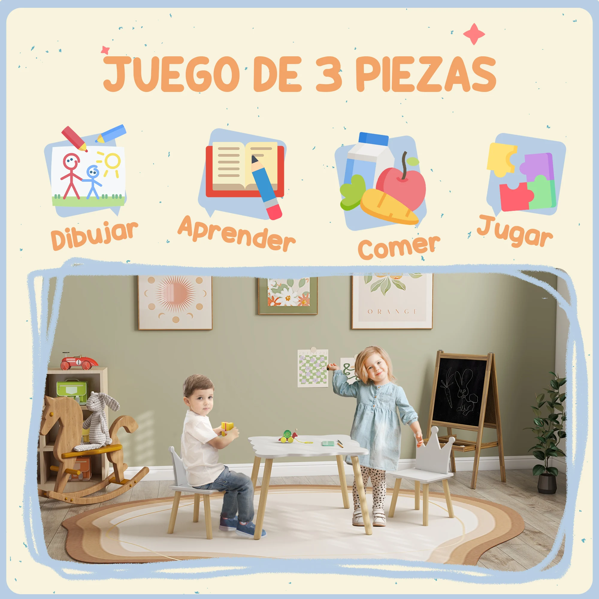 AIYAPLAY Mesa y Sillas Infantiles de 3 Piezas Mesa Infantil con 2 Sillas con Respaldo en Forma de Corona para Niños de 3-6 Años para Sala de Juegos Dormitorio Guardería Blanco - imagen 4