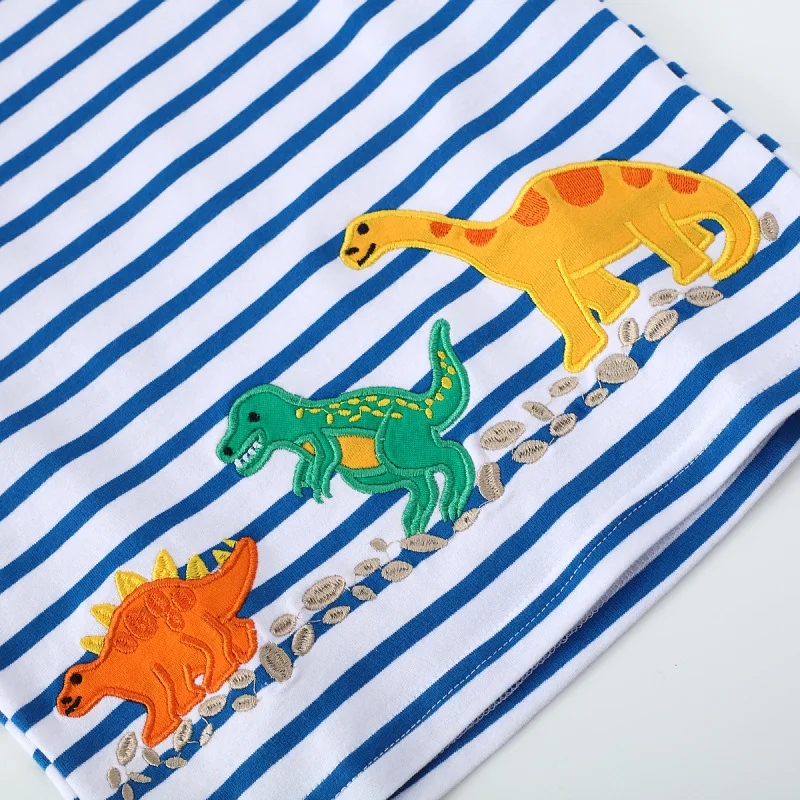 Camiseta de algodón para bebés de 2 a 7 años, camisetas de manga corta a rayas azules, camisetas de dinosaurios de dibujos animados para niños pequeños, ropa para niños - imagen 4