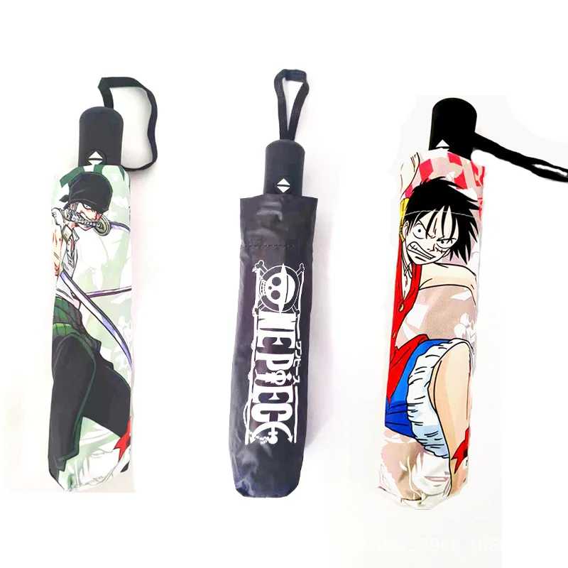 Paraguas de ONE PIECE Luffy Anime, sombrilla portátil, tela de impacto de goma negra de 8 huesos, paraguas semiautomático de tres pliegues - imagen 3