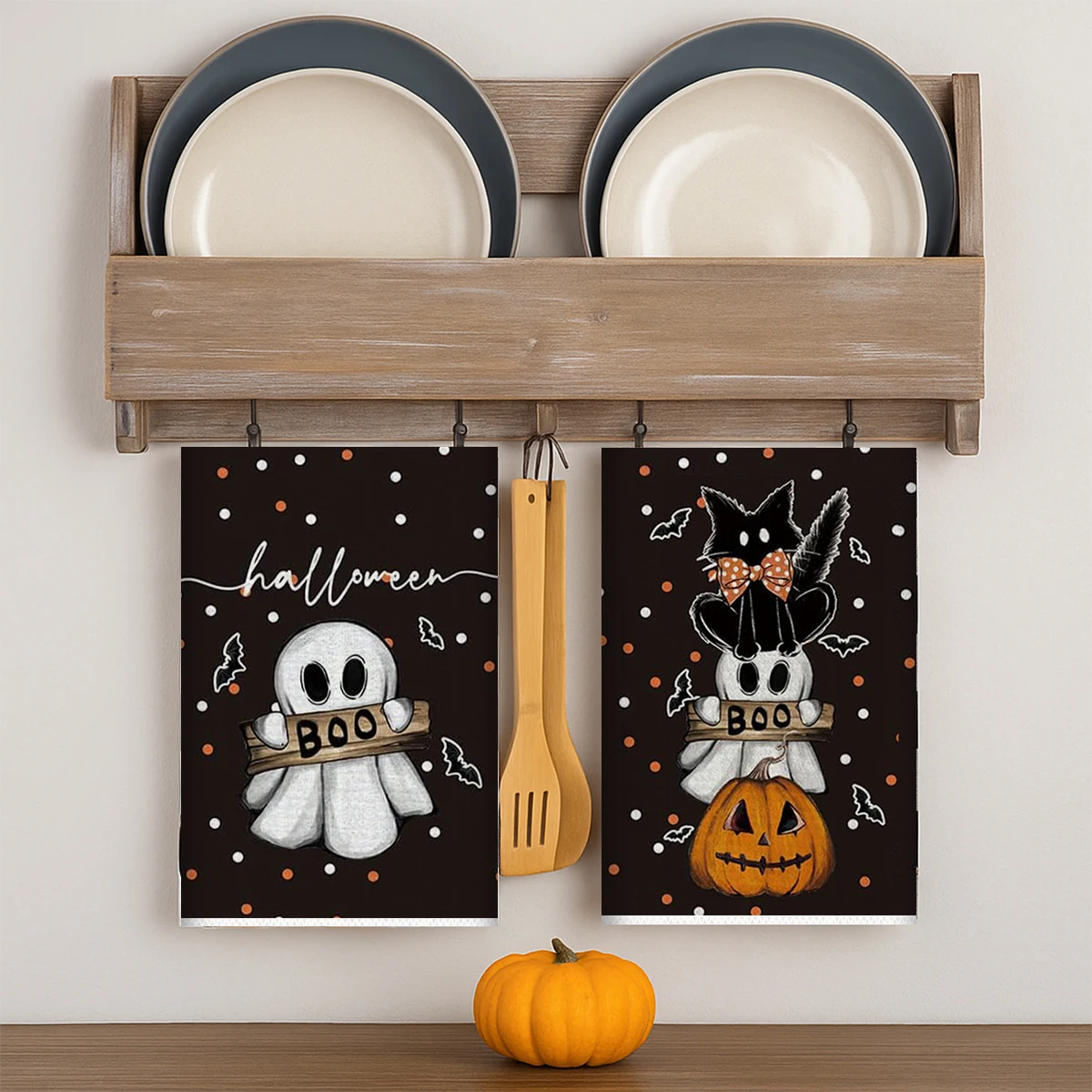 2 uds feliz Halloween calabaza fantasma cráneo murciélago estampado cocina paños de cocina toalla hecha a mano absorbente plato para decoración del hogar - imagen 2