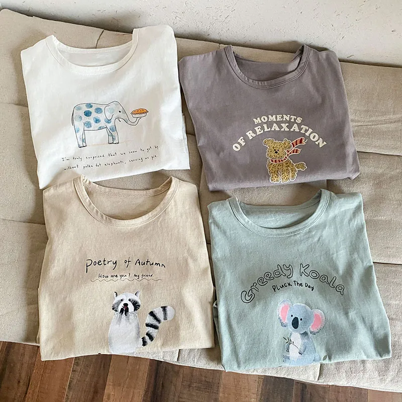 2025 nueva camiseta de verano para niños, 4 colores, camisa de manga corta con letras de animales de dibujos animados para niñas, camisetas holgadas de estilo fino para niños - imagen 4