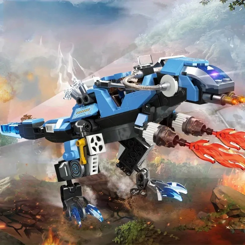 Dinosaurio Mecha bloques de construcción dinosaurio azul blanco Hound Mecha montaje ladrillos modelo decoración de escritorio niños regalo de vacaciones
