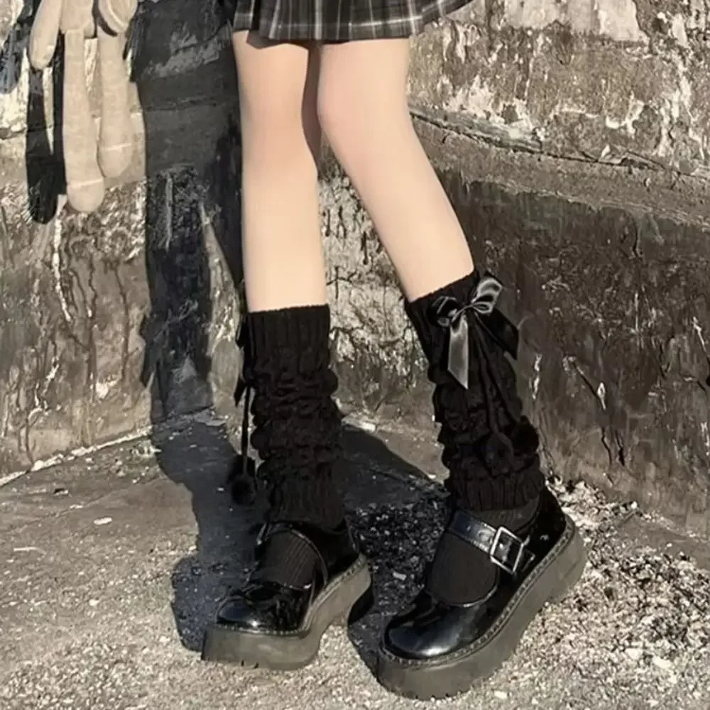 Nuevo Calentadores de piernas de punto Lolita, cubiertas térmicas para piernas con lazo, calentadores de piernas con pompón y forro polar - imagen 4