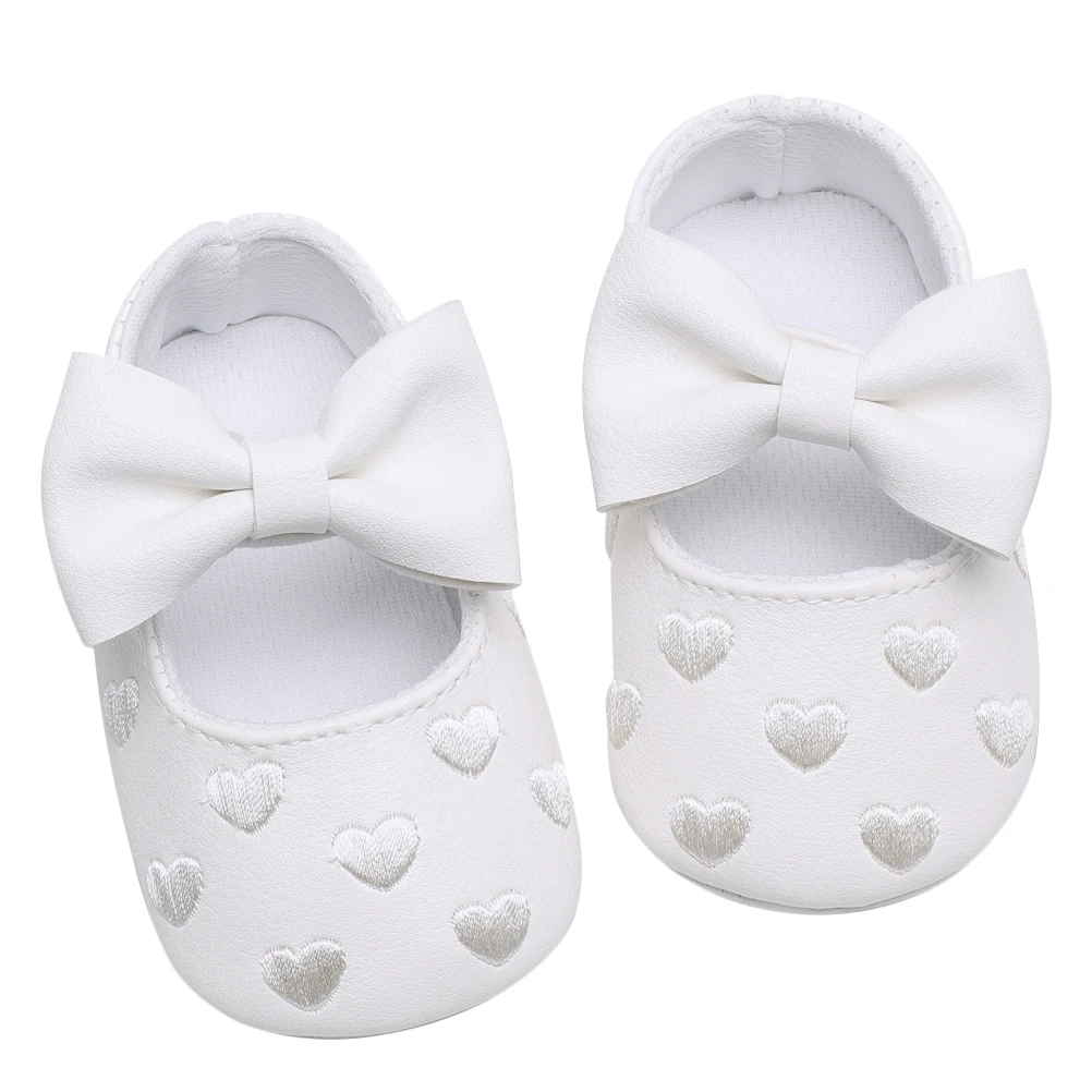 1 par de zapatos para bebés pequeños, blancos, 11Cm, 4Us, 3Uk, 19,5 Eu, 4,323 pulgadas, patrón de corazón, lazo bordado, Prewalker para niñas pequeñas, suaves - imagen 3