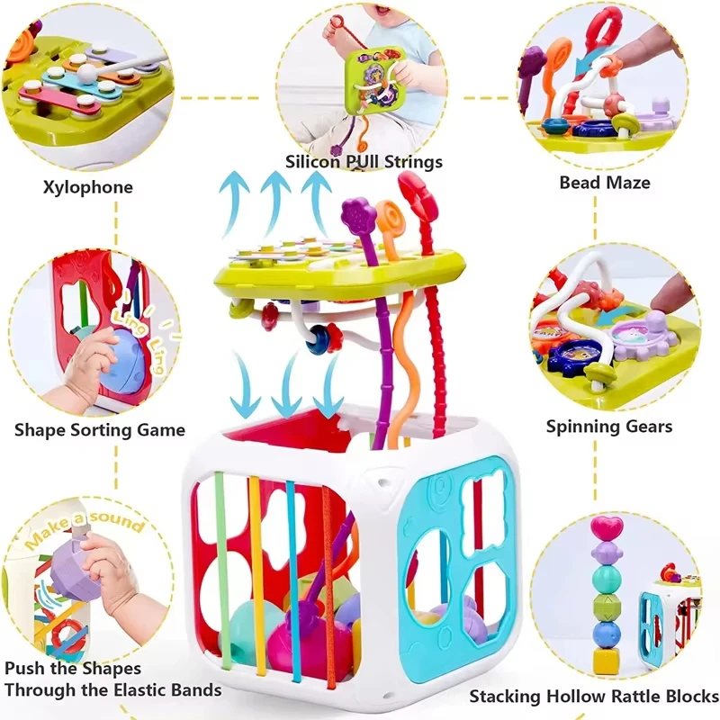 Bloques de formas coloridas, juego de clasificación, juguetes educativos de aprendizaje Montessori para bebés de 6 a 12 meses, juguetes sensoriales con cuerda, cubo de actividades - imagen 2