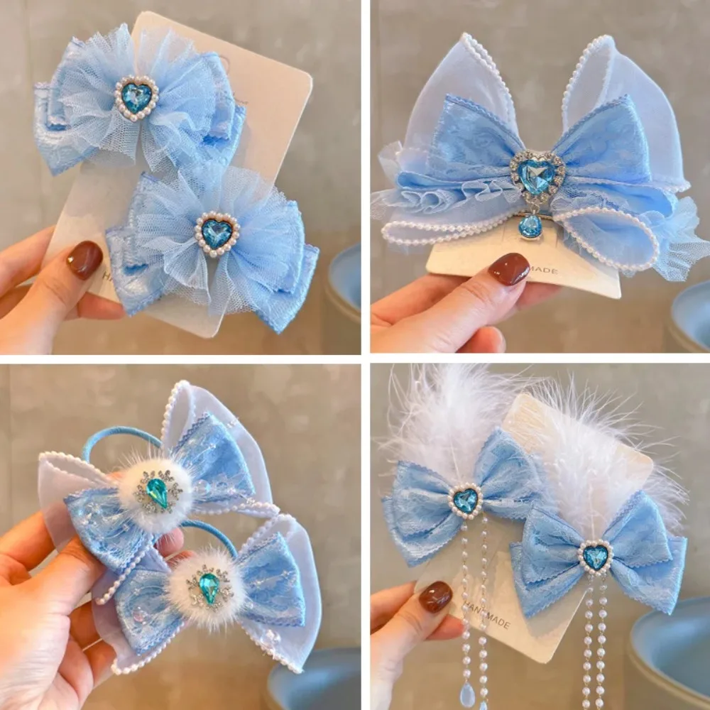 Horquillas con pompón de princesa, pinzas para el pelo con lazos azules grandes para niños, cinta larga, Clip de pico de pato, horquillas escolares para niñas, regalo - imagen 2