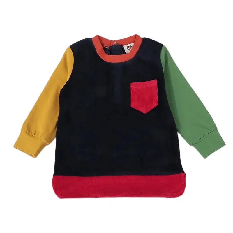Camiseta de manga larga kds para niño y niña, traje de moda de terciopelo con bolsillo de contraste, ropa de otoño e invierno