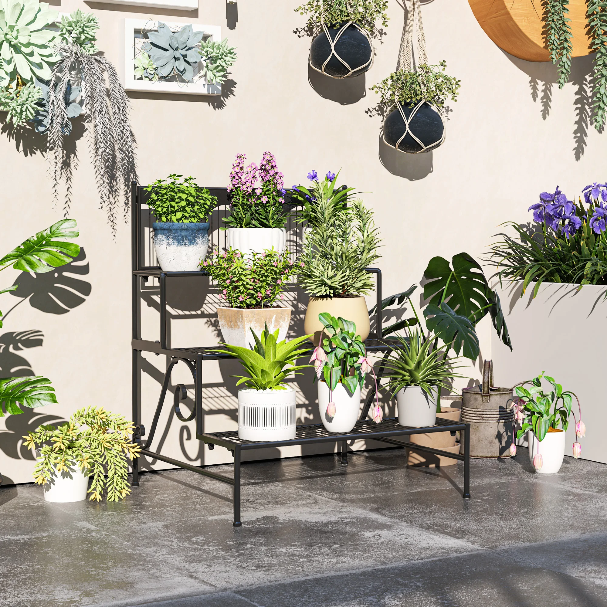 Outsunny Soporte para Plantas de 3 Niveles Estantería para Plantas para Esquina Diseño en Escalera Soporte para Macetas Interior y Exterior 73x66x85 cm Negro