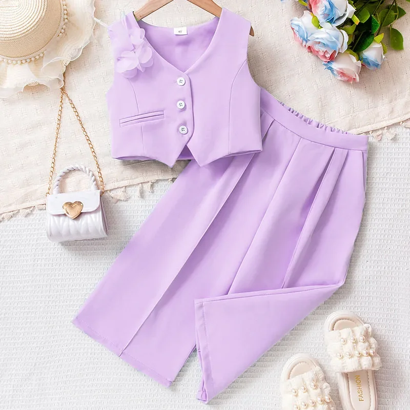 Conjuntos de 2 piezas de ropa de verano para niña, Tops de algodón sin mangas con flores sólidas a la moda coreana + Pantalones sueltos, ropa de Boutique para niños B063
