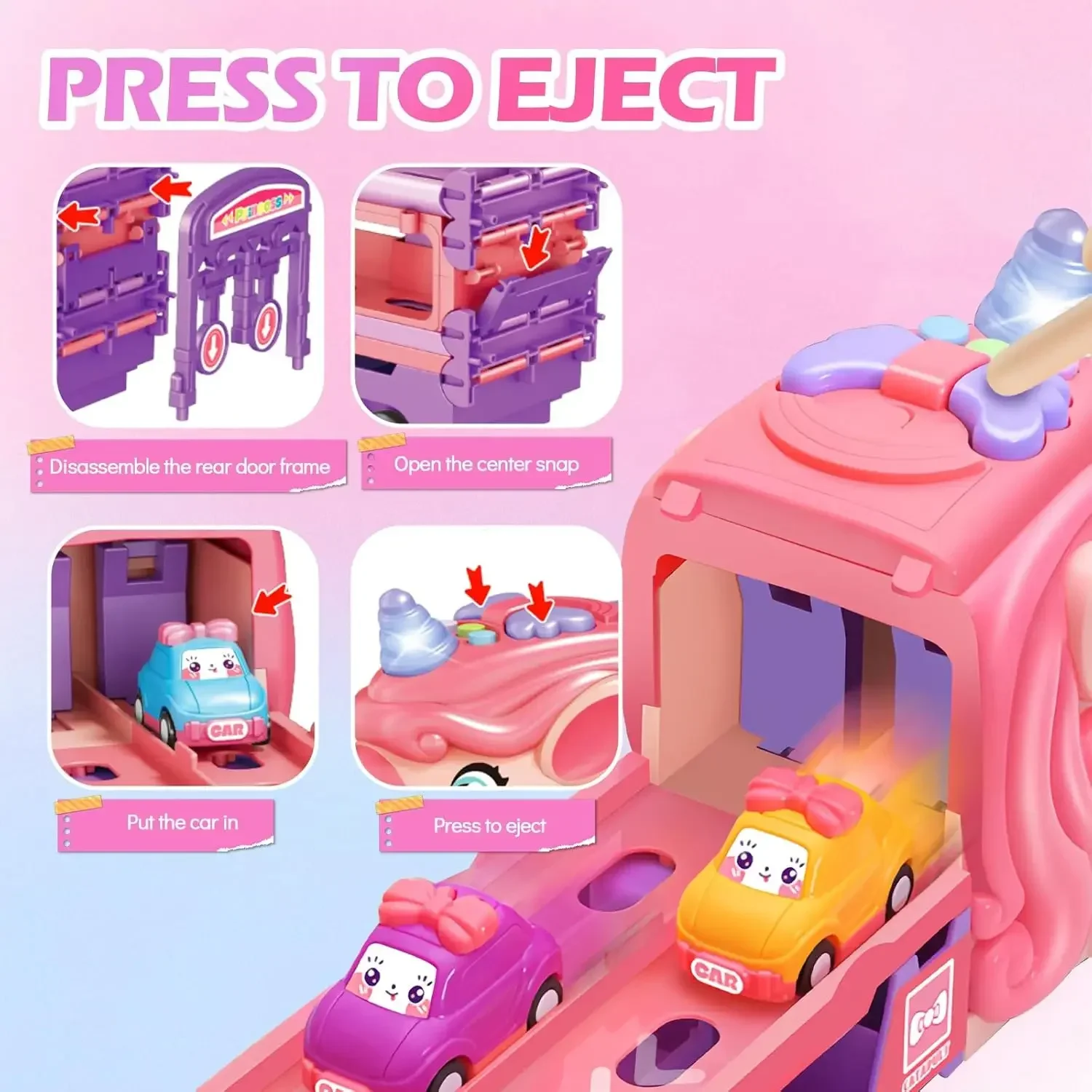 Coches para niñas para niños, camiones transportadores plegables de unicornio rosa con luces, coches de princesa musical, regalo de cumpleaños para niños pequeños - imagen 5