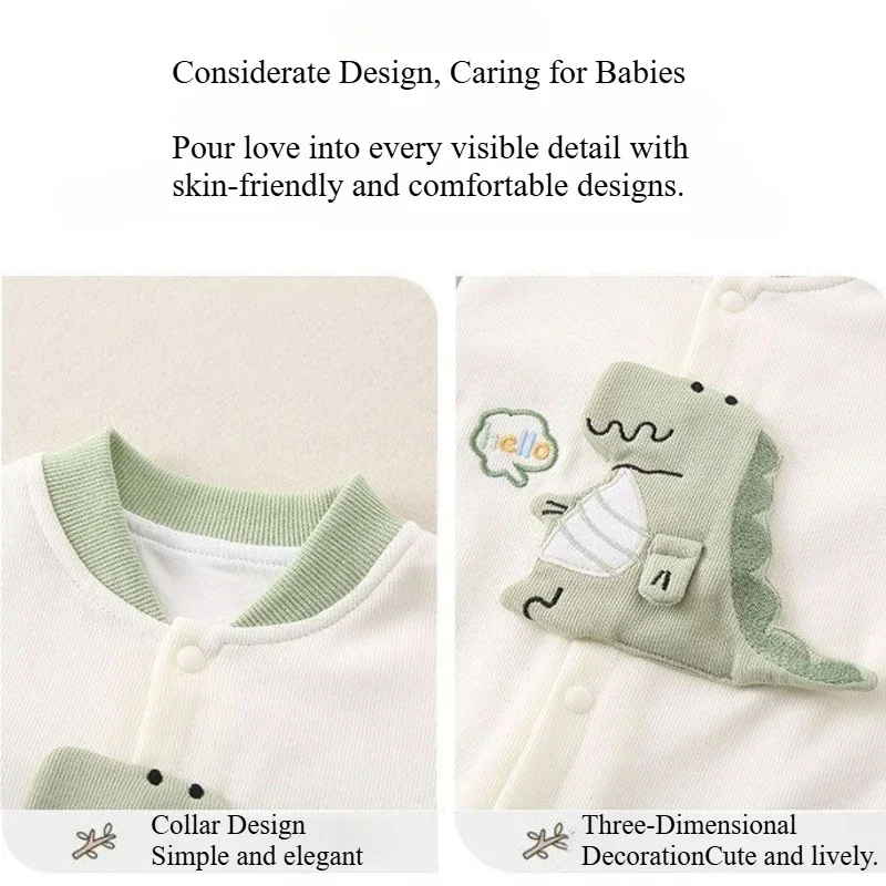 Mameluco unisex con cuello de béisbol para bebé para otoño, mono de dinosaurio bordado bonito para niños y niñas, mono cálido para Halloween infantil - imagen 5