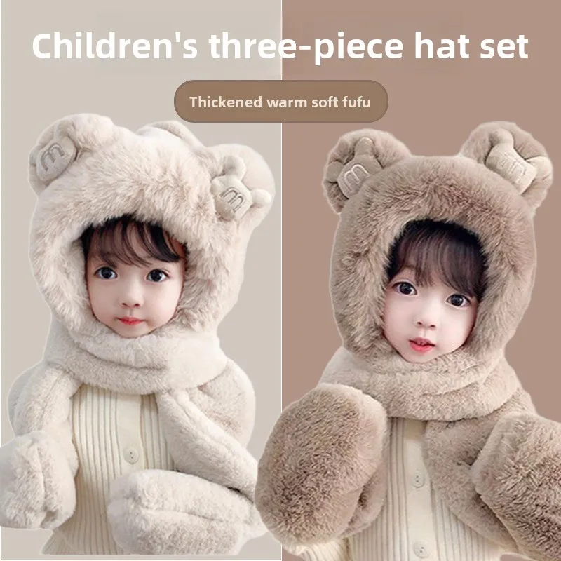 Conjunto 3 en 1 para niños de otoño e invierno: combinación de gorro, bufanda y guantes de felpa gruesos y cálidos, estilo de cubierta para la cabeza para niños, niñas y niños pequeños.