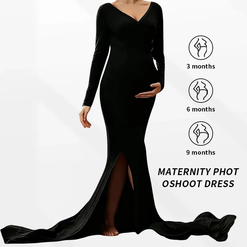 Vestido de maternidad maxi negro con cuello en V y abertura - imagen 4