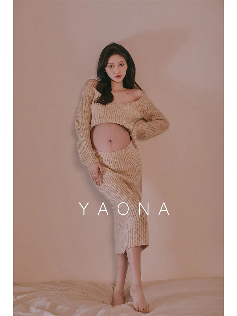 Accesorios de fotografía para mujer, vestidos de maternidad, Tops tejidos de color caqui, falda, conjunto de 2 uds., ropa informal para sesión de fotos de estudio coreana - imagen 4