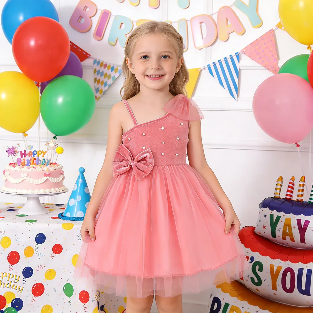 Vestido de noche para niña, camisola de un solo hombro para verano, vestido para niño pequeño, fiesta de cumpleaños, vestido bonito de moda para niños de 3 4 5 6 7 años