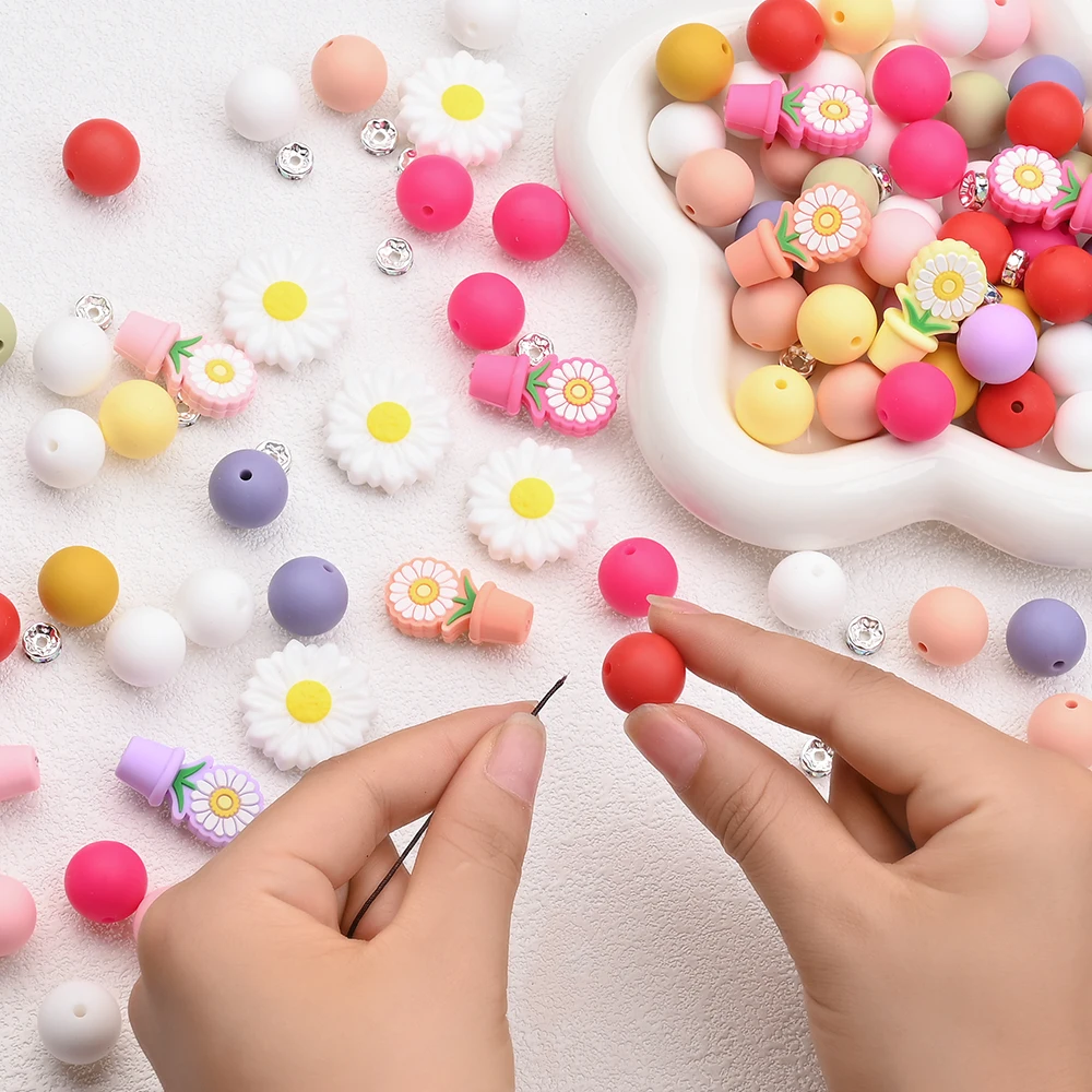 7 Uds. De cadena de chupete, mezcla de cuentas redondas de silicona, juego de cuentas de enfoque de flores para hacer joyería, collar Diy, chupete, juguete mordedor - imagen 5