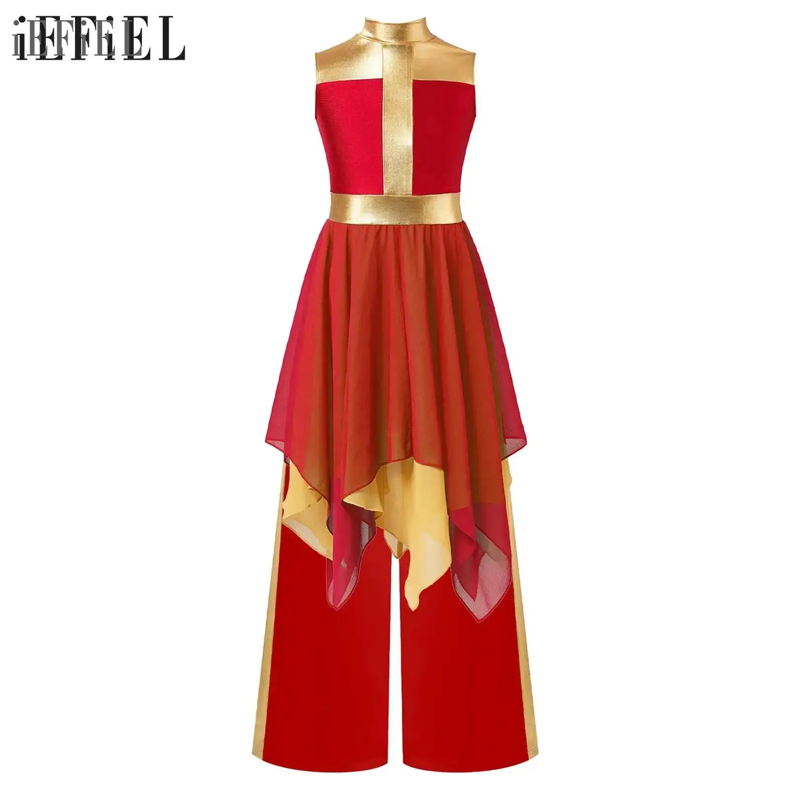 Conjuntos de danza lírica para niños y niñas, traje de actuación sin mangas con dobladillo Irregular, vestido de bloques de Color con pantalones de pierna ancha