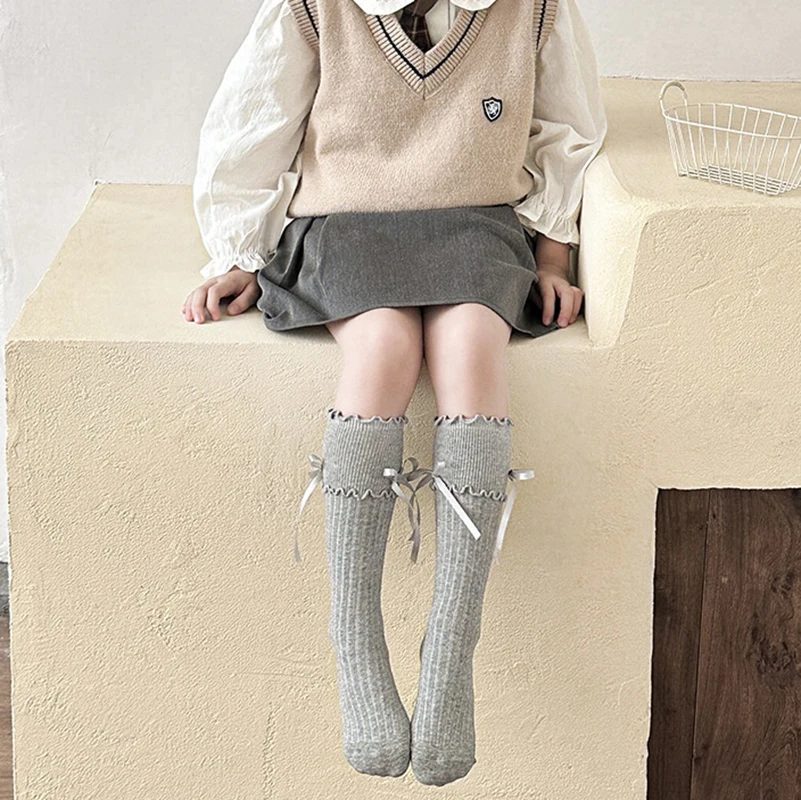 2026 calcetines de primavera para niños, calcetines con lazo para niñas, calcetines sólidos con lazo y volantes, calcetines sin tacón para niños para niñas - imagen 5