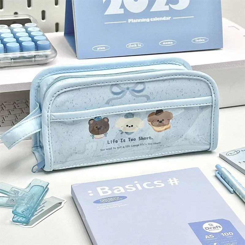 Cajas de bolígrafos azules simples y bonitas, estuche para lápices de gran capacidad, estuche de bolígrafo de dibujos animados de alto valor, bolsa de papelería multifuncional