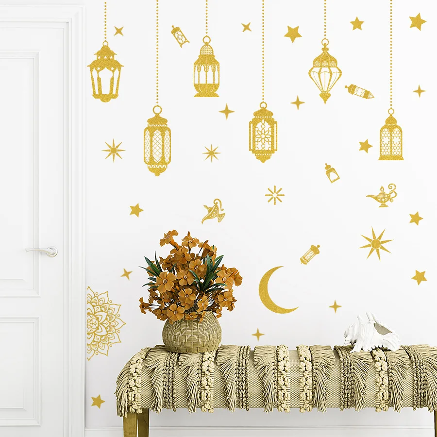 Pegatinas de ventana de linterna de Luna y estrella dorada, pegatinas de pared para decoración de Ramadán, dormitorio, sala de estar, pegatinas de decoración de pared del hogar - imagen 3
