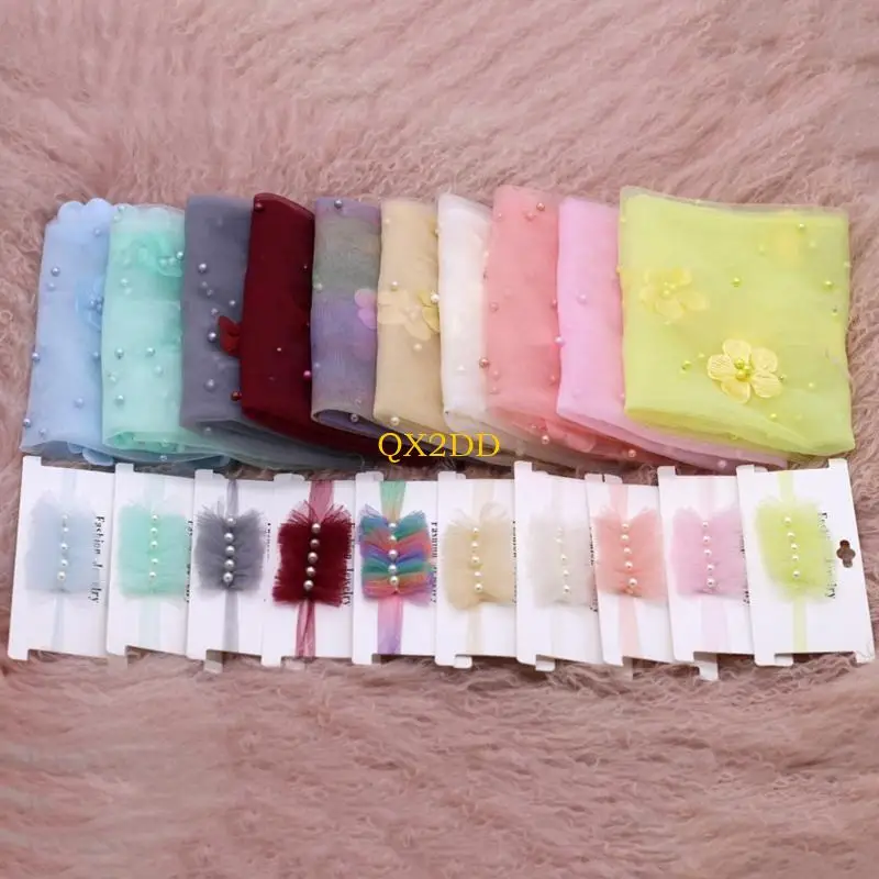 Qx2d 2pcs recién nacido fotografía para bebés envoltura larga cuentas gasa gasa decoración flores bricol