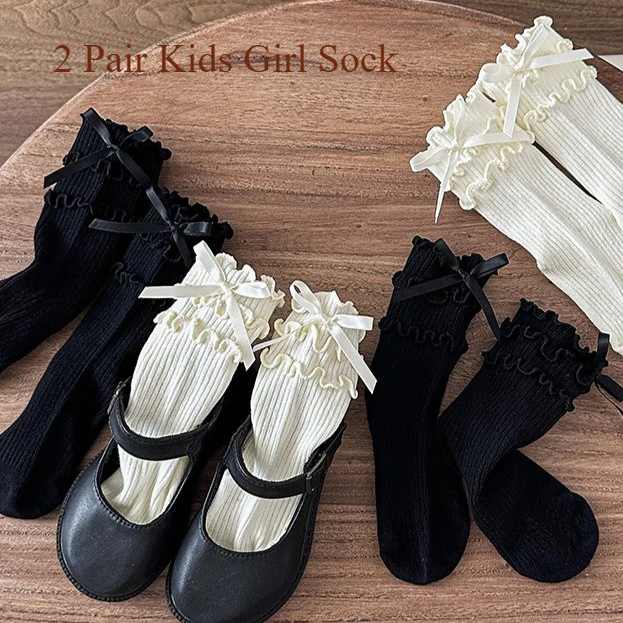 2 par/set de calcetines de algodón blanco crema estilo Lolita para niñas, calcetines de princesa con volantes de Triple capa y lazo coreano para niños pequeños y niños