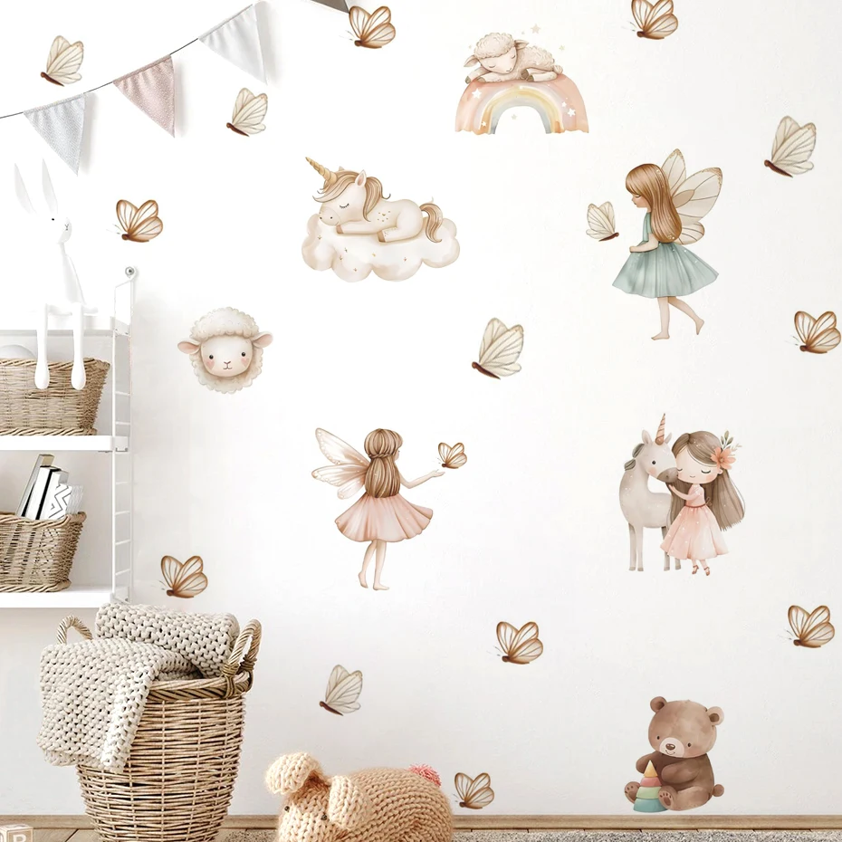 Pegatinas de pared acuarela infantiles – Unicornio, hada y arcoíris