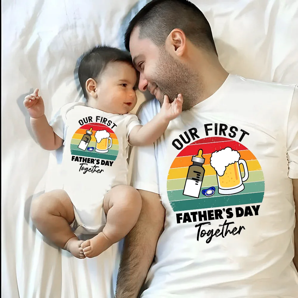Nuestro primer Día del Padre juntos, monos estampados para bebé, camisetas informales de verano para papá, ropa a juego para la familia del Día del Padre