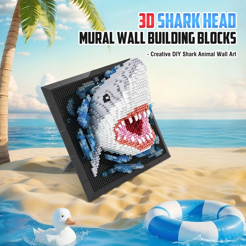 Juego de construcción de tiburones 3D, diseño de cabeza de Animal, decoración artística para colgar en la pared, juego de ladrillos para montar, rompecabezas educativo, juguete para regalo para niños - imagen 2