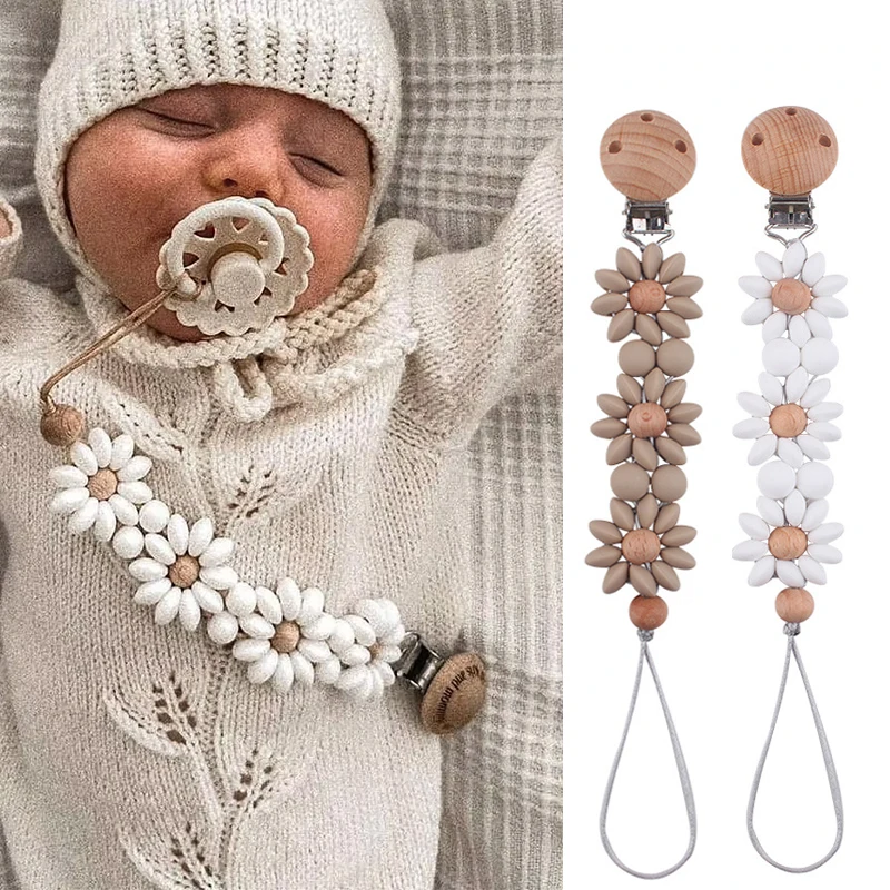 Daisy Bebe-soporte de silicona para chupete, Clip de madera para chupete, cadena, Clip para chupete para bebé, niña, niño, neborn, mordedor masticable infantil