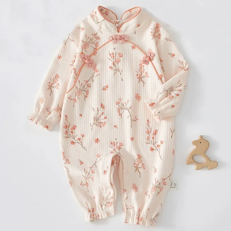 Ropa de primavera y otoño para niña, peleles de algodón de manga larga con flores bonitas a la moda de estilo chino, monos, artículos para recién nacidos B019 - imagen 2