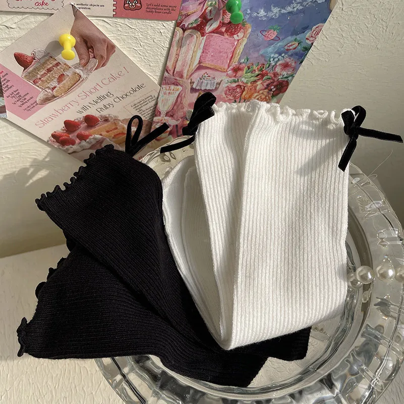 1 par de calcetines hasta la pantorrilla para niña, calcetines hasta la rodilla con volantes estilo lazo de Color blanco y negro para niños pequeños, calcetines a rayas de algodón suave - imagen 2