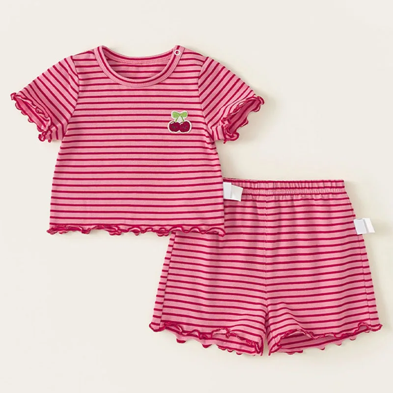 Conjuntos de 2 piezas de ropa de verano para niña, moda coreana, camisetas de manga corta a rayas de cereza y pantalones cortos para bebé, ropa de Boutique para niños B171
