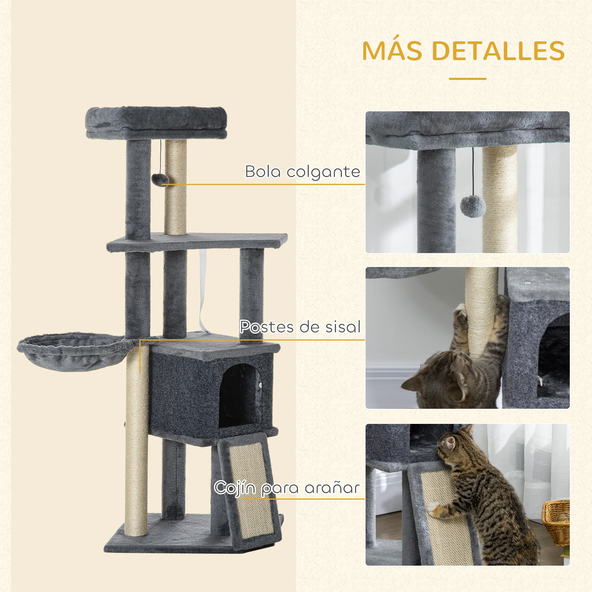 PawHut Árbol Rascador para Gatos, Árbol para Gatos 127 cm, Torre Escalador con Cueva, Hamaca, Cama, Plataformas, Rampa de Sisal, Bola Colgante, Gris - imagen 5