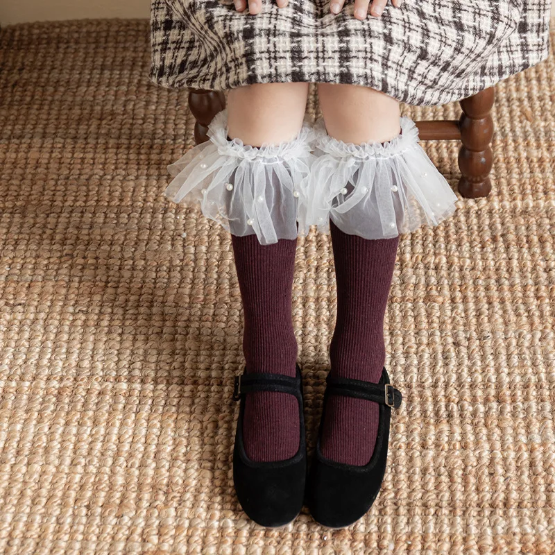 Calcetines princesa con perlas y volantes para niña hasta la rodilla - imagen 5