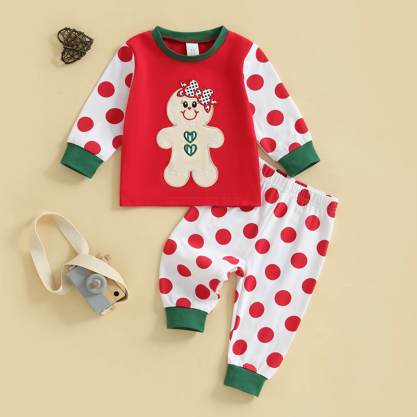 SUNSIOM Conjunto de ropa navideña para niños de 1 a 6 años, jersey de manga larga de pan de jengibre con pantalones de lunares/rayos, traje de 2 piezas