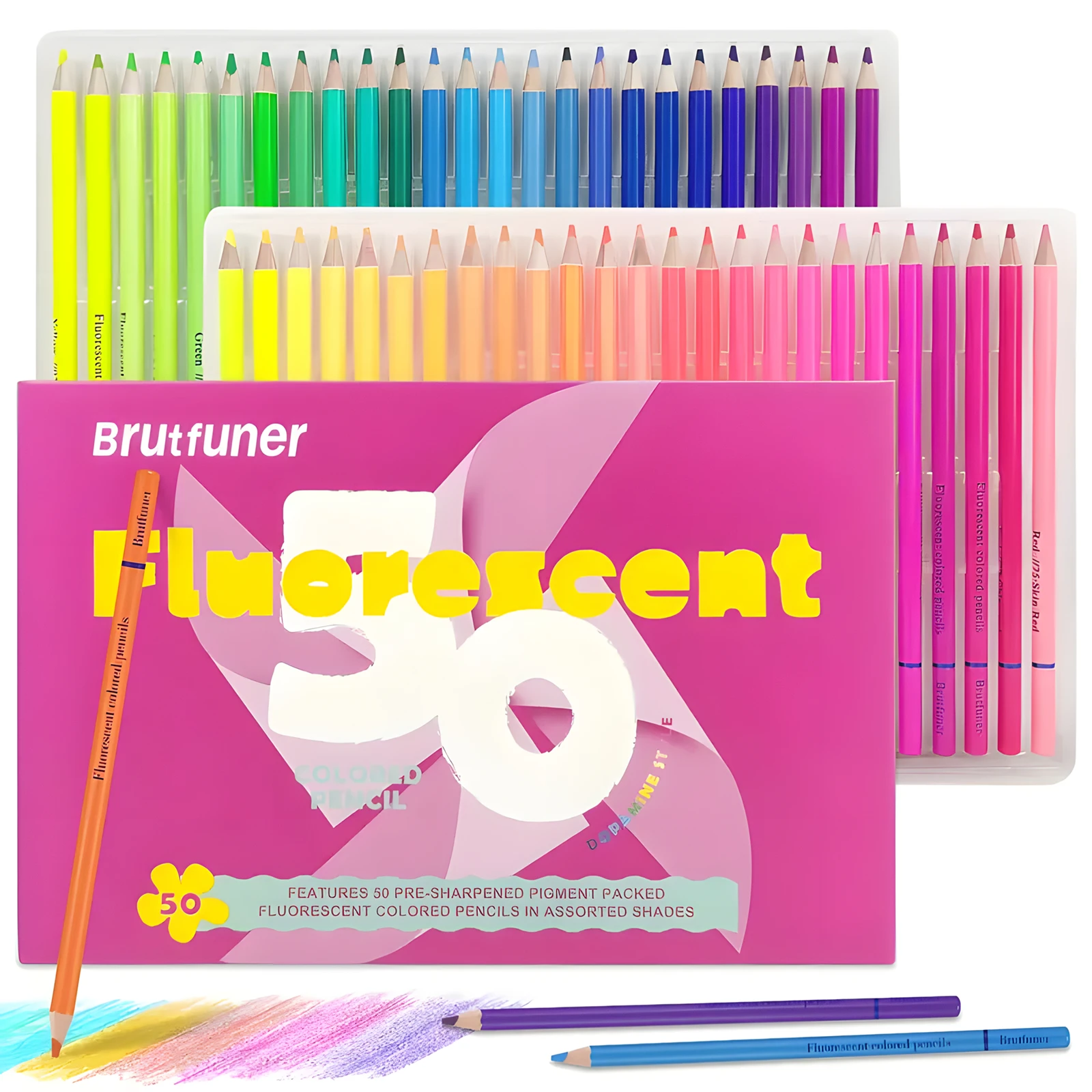 Brutfuner Lápices de colores fluorescentes preafilados de 50 unidades, punta media, madera, núcleo suave, calidad artística para dibujar y colorear
