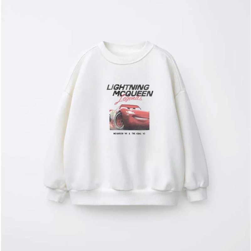 Sudaderas blancas con estampado de coche de dibujos animados, Tops de manga larga, ropa de primavera y otoño, jerséis de cuello redondo para niños, Sudadera con capucha de nuevo diseño - imagen 5