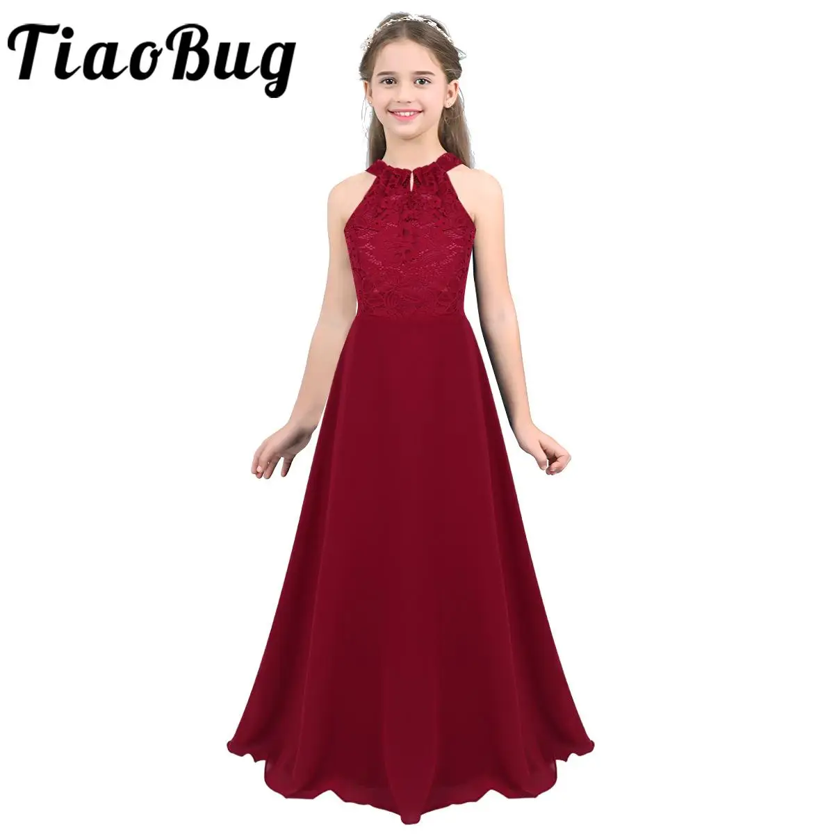 Vestido largo de fiesta para niña con escote halter y encaje