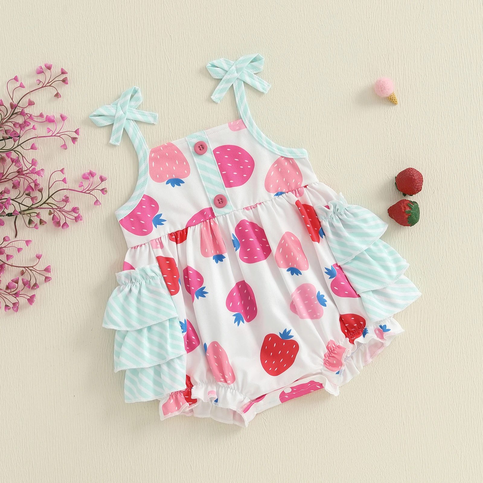Mameluco de verano para niña, mono informal sin mangas con estampado de fresa y volantes en capas para recién nacido, ropa bonita - imagen 3