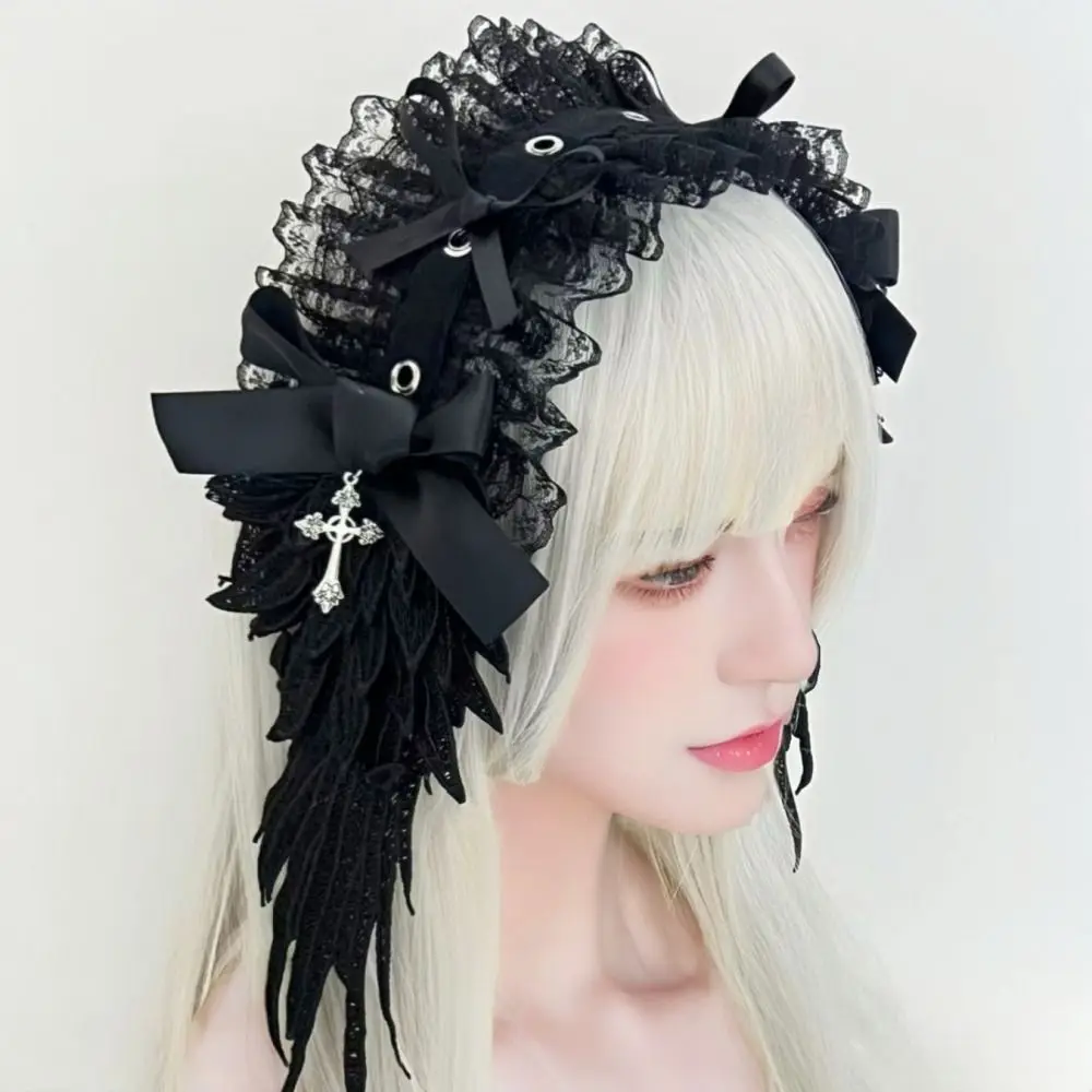Diadema Lolita negra con alas de encaje para fiesta y cosplay