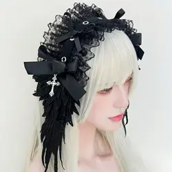 Diadema Lolita negra con alas de encaje para fiesta y cosplay