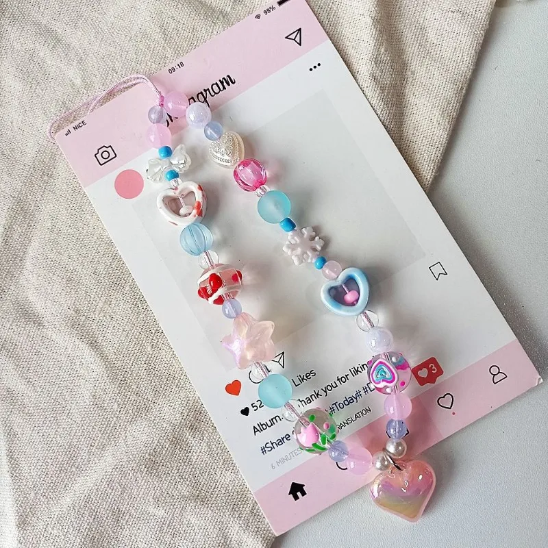 Cordón coreano bonito con cuentas de corazón de amor rosa y azul para teléfono, cordón con abalorio para cámara CCD de iPhone decorado con cordón antipérdida - imagen 3