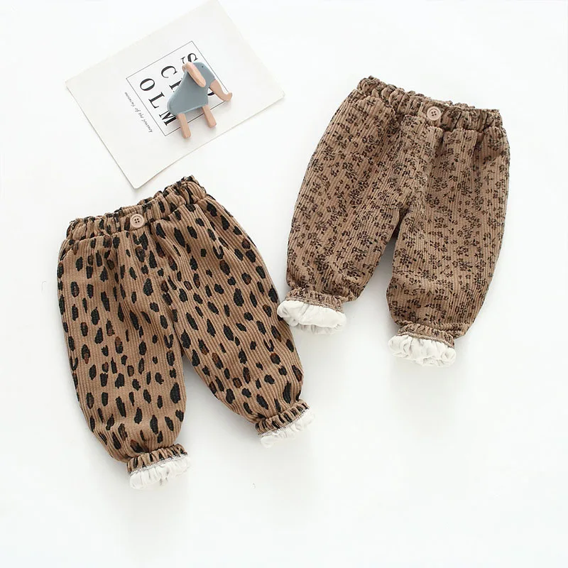 Otoño niños pantalones casuales 1-9T pana polar acolchado Floral niñas pantalones gruesos sueltos niños leopardo Harem pantalones - imagen 3