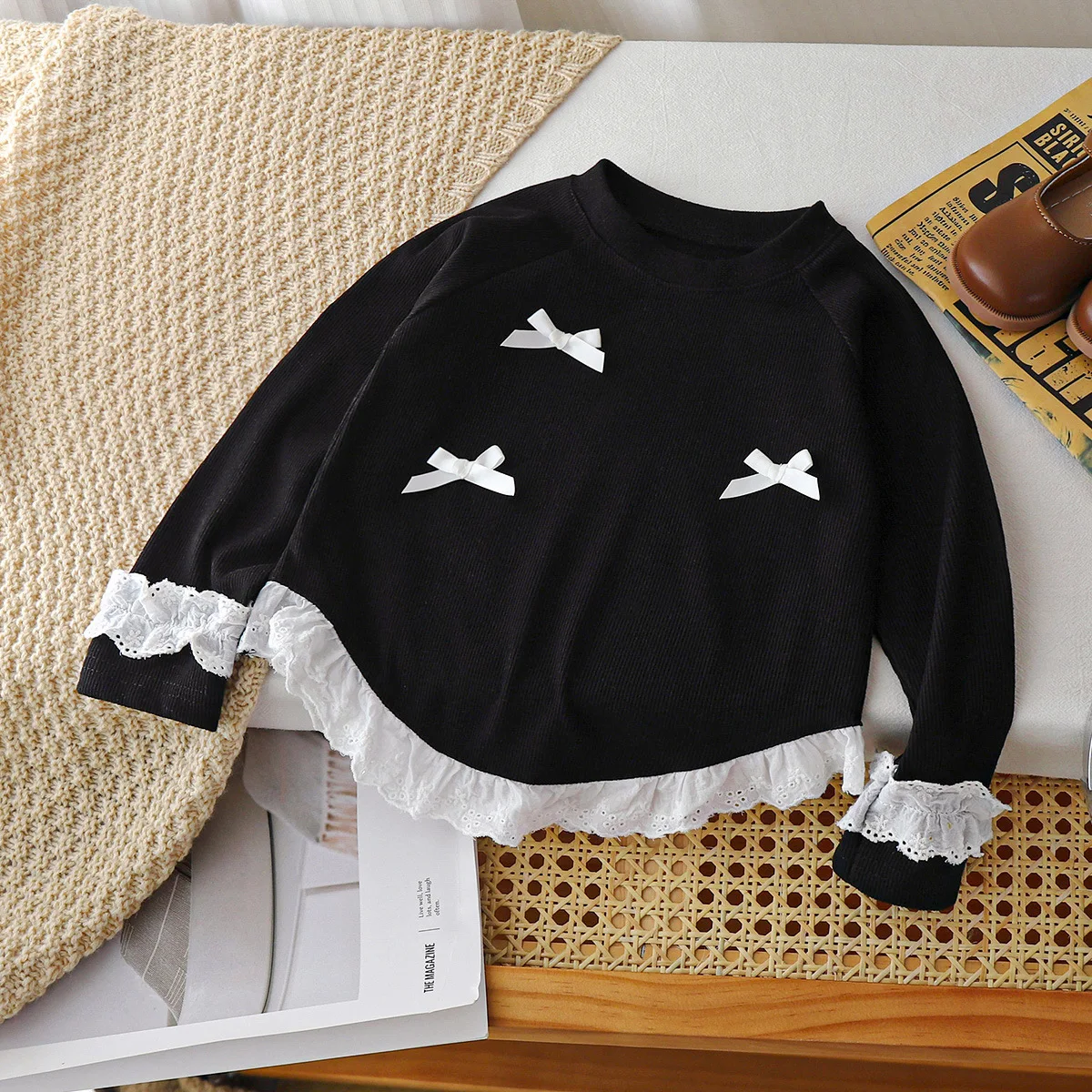 Camiseta manga larga con lazo de encaje estilo coreano para niña - imagen 5