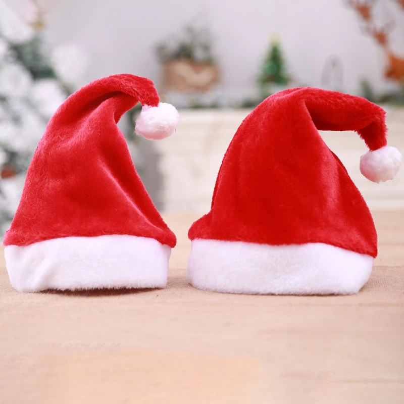Gorros de Papá Noel rojos de felpa cortos de primera calidad de alta gama para adultos y niños, decoración y suministros para fiesta de Navidad, 2 uds.